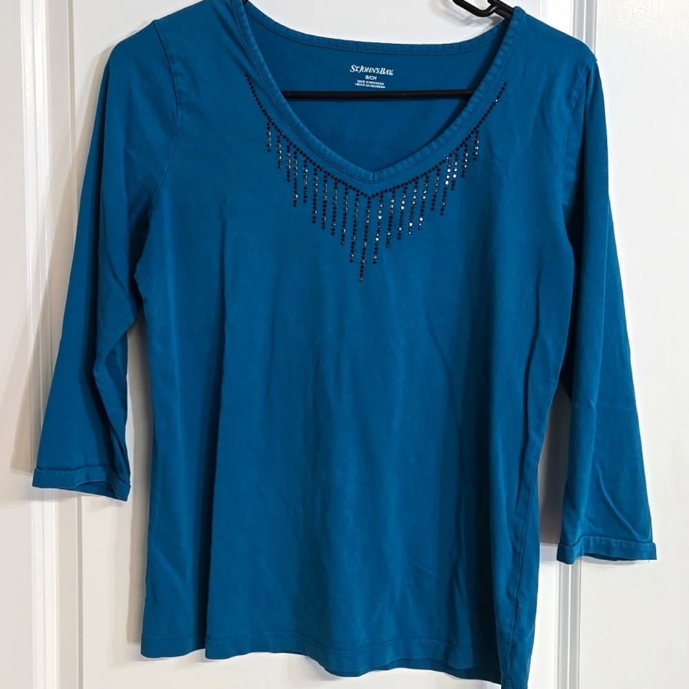 St. John's Bay Blue Embellished Top Small  Vneck Quarter Sleeve